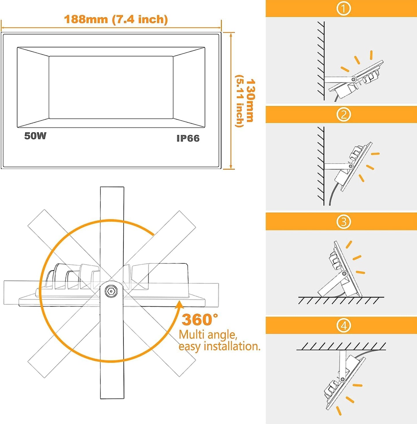 Hydong Led Flood Light - Rgb Color Changing, 500W Equivalent, 5000Lm, Remote Control, Dimmable, Metal, Model Brfl-Flo3