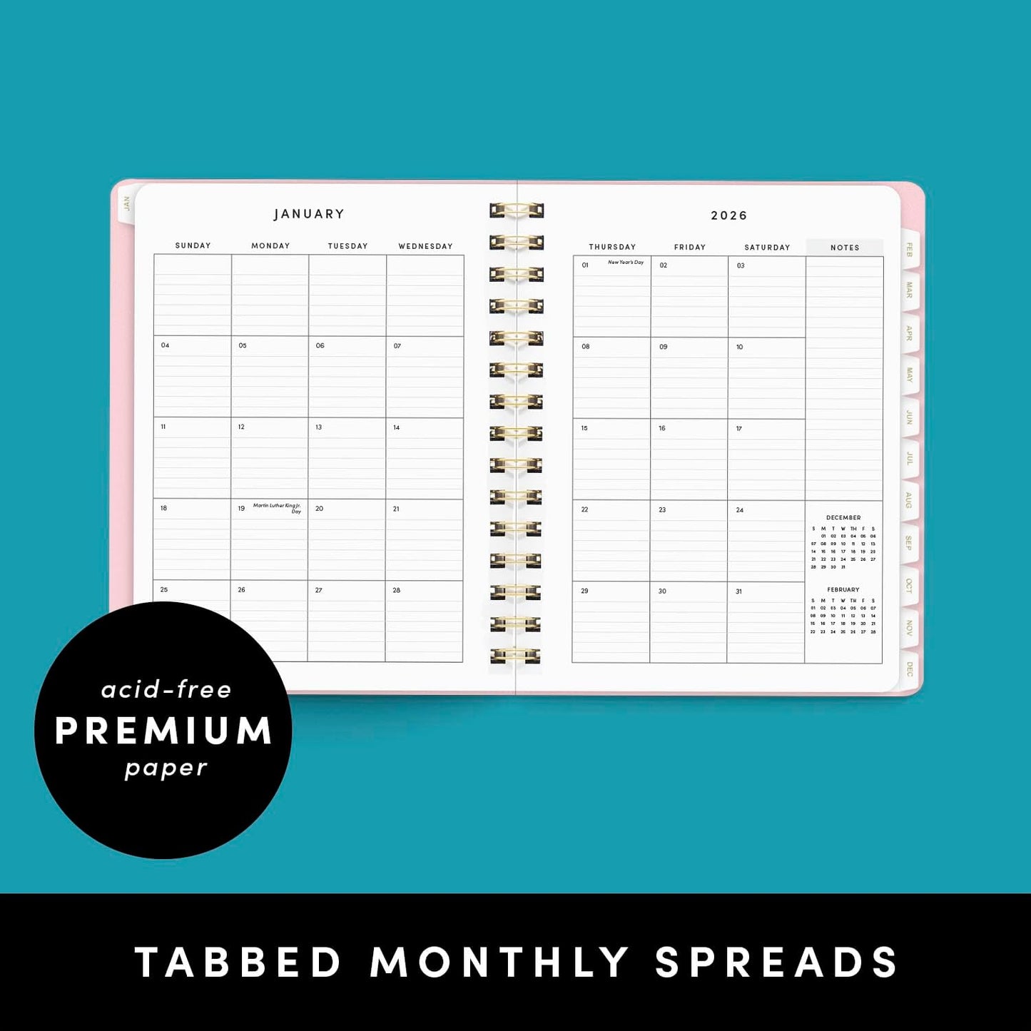 PAPERAGE 2026 Weekly & Monthly Planner, 12 Months (January 2026 - December 2026), 6.6 in x 8.1 in, Spiral Bound 2026 Planner with Weekly, Monthly & Yearly Views, Note Pages & Inner Pocket – Blush