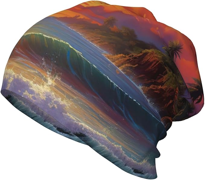 Tropical Sunset Print Beanie Hat Soft Thermal Cap Winter Headwear for Cold Indoor Outdoor Activities Black