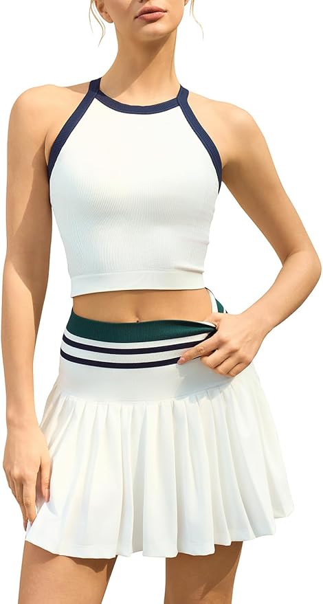 QINSEN Tennis Skirt Set for Women High Waisted Pleated Athletic Pickleball Skirt with Shorts Padded Tank Top 2 Piece Outfits