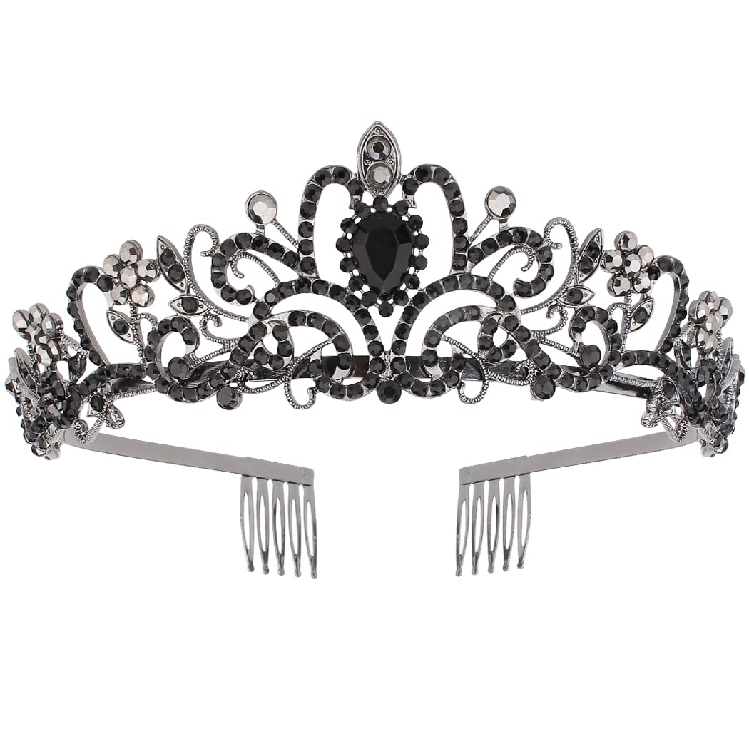 CURASA Black Crystal Crown Tiara with Combs - Pretty Tiaras for Women, Girls & Prom Party