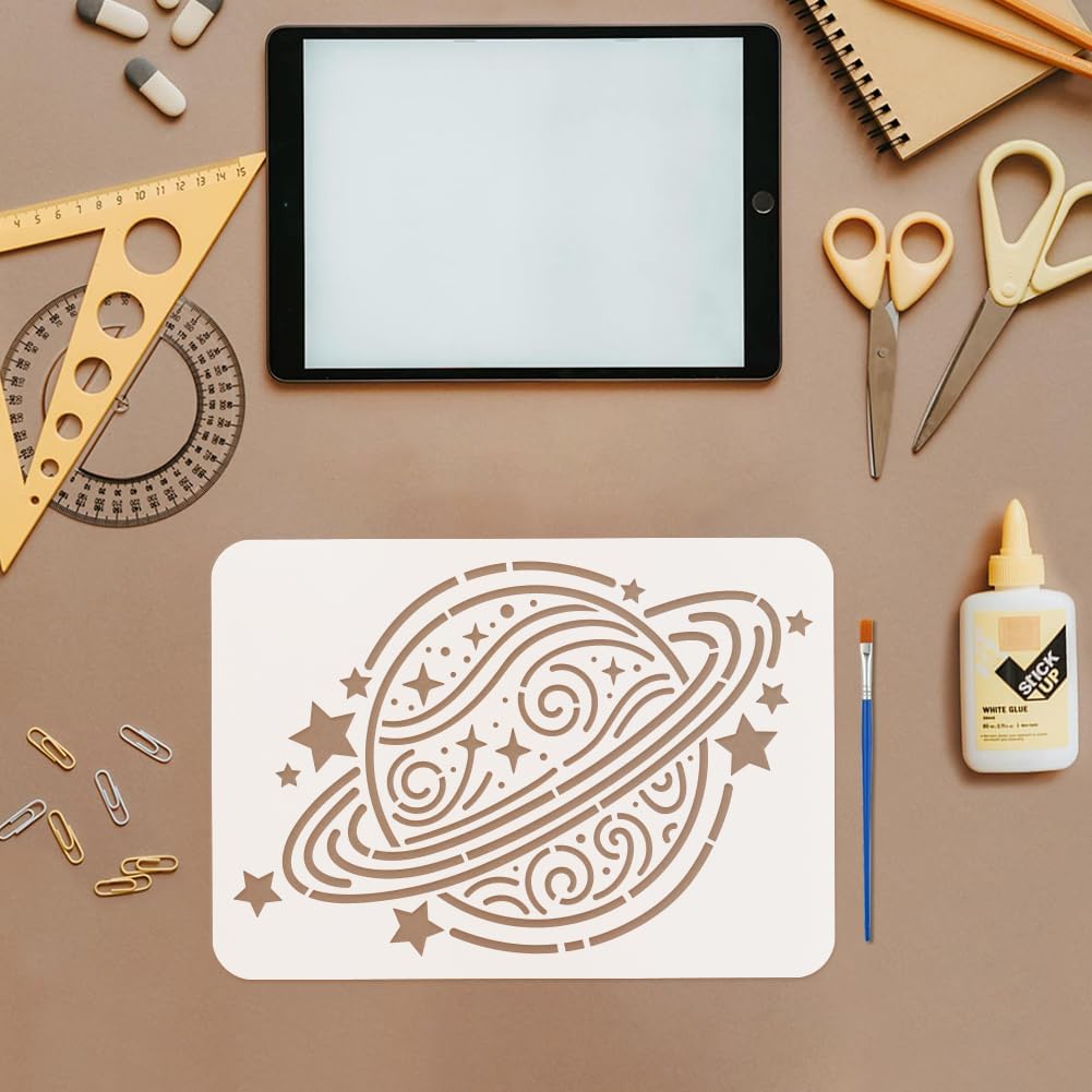 FINGERINSPIRE Planet Pattern Stencil with a Paint Brush 11.7x8.3Inch Planet of Dreams Painting Stencil Reusable PET Science Fiction Theme Decoration Template for Painting on Wood Wall Floor Furniture