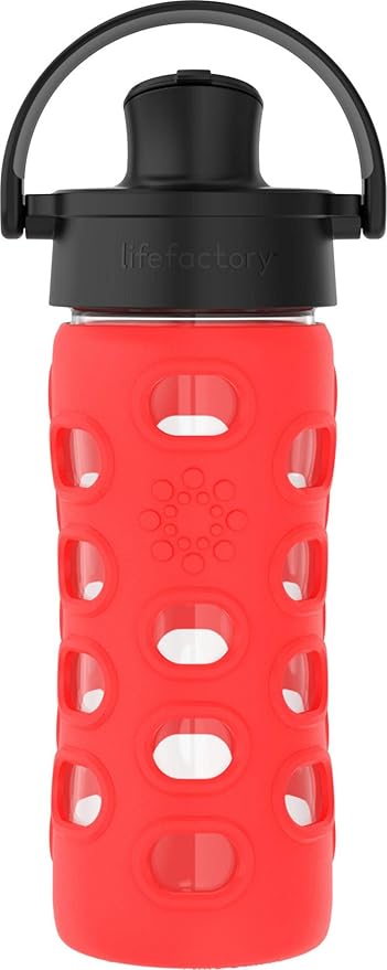 Lifefactory 12-Ounce Glass Water Bottle with Active Flip Cap and Protective Silicone Sleeve, Apple Red