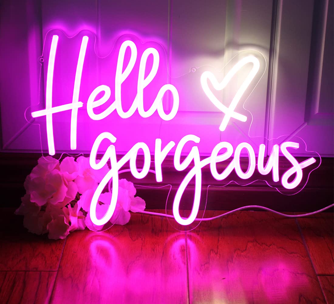 DAKABUKA Neon Signs Pink LED Light, Dimmable Switch, 16.5x11 inches, Acrylic, Model NL008-hello gorgeous, Wall Art for Home Decoration