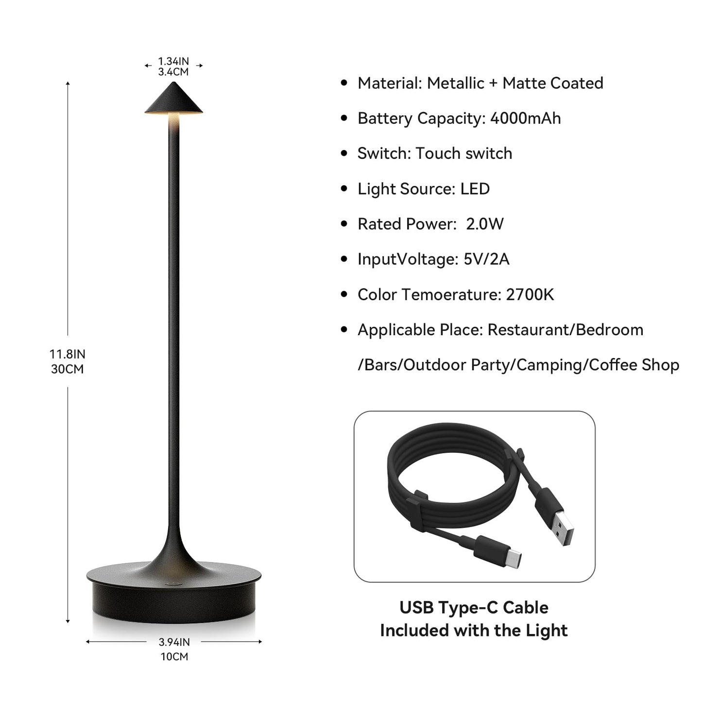 Jicai Small Cordless Table Lamp Rechargeable  Battery Operated Desk Lamp  4000Mah Led Touch Lamp  Dimmable Portable Outdoor Waterproof Wireless Table Light For Restaurants/Bars/Outdoor(1Pc  Black)