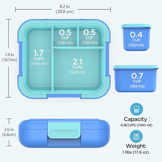 Caperci Bento Box for Kids - Leak-Proof Lunch Box Snack Container with 2 Modular Containers & 4 Compartments, Hold 4.8 Cups, Portable Handle, BPA-Free, Microwave/Dishwasher Safe (Sea Life)