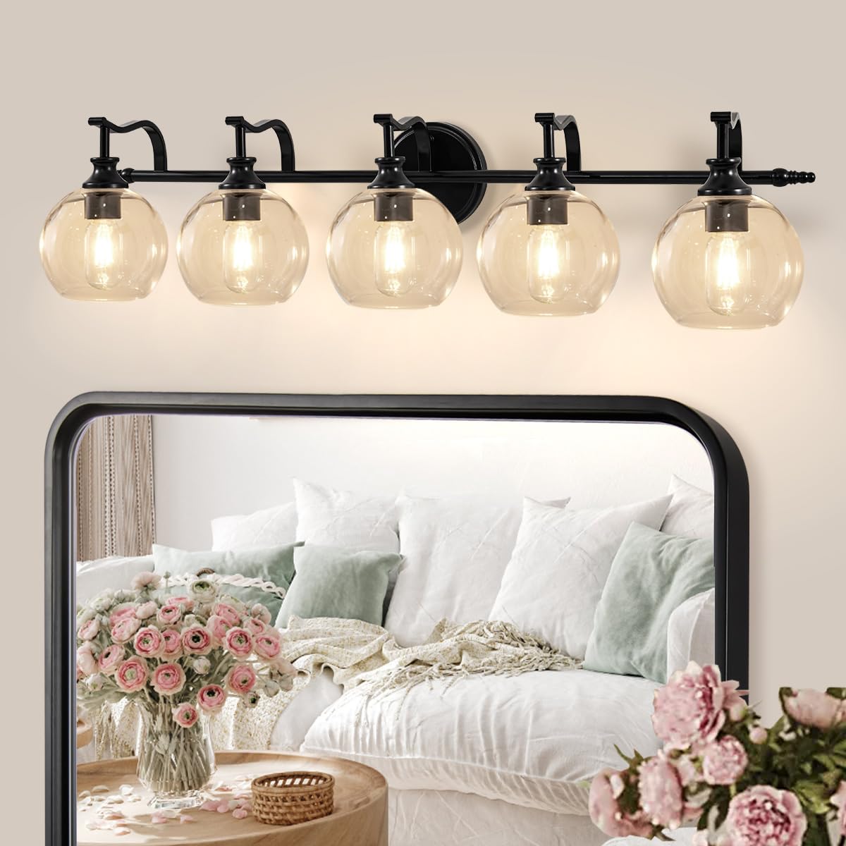 Andy Star Black Vanity Light  5-Light Bathroom Light Fixture  35 Large Bathroom Lighting Over Mirror  Industrial Wall Sconce  Perfect For Big Bathrooms  Double Vanities  Long-Length Elegant Design