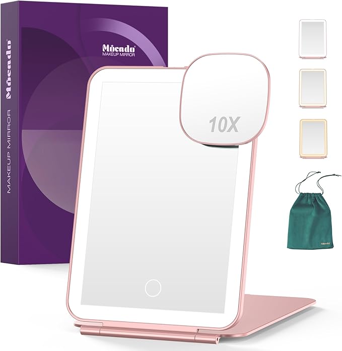 LED Foldable Travel Makeup Mirror - 5x7 inches 3 Colors Light Modes USB Rechargeable Touch Screen, Portable Tabletop Cosmetic for Travel, Cosmetic, Office (Rose Gold)
