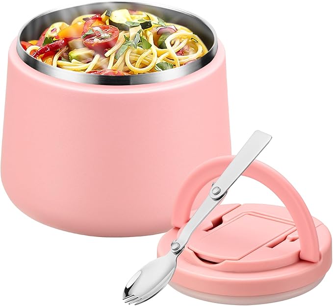 Kids Thermo for Hot Food, 14oz Insulated Soup Jar, Stainless Steel Lunch Box with Leakproof Lid & Spoon, Vacuum Insulated Bento Container (Dark Pink)