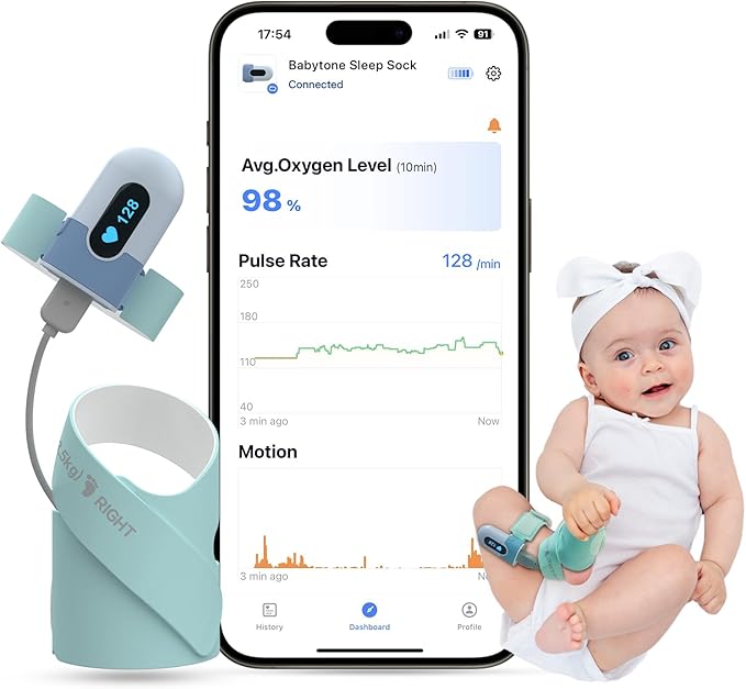 Babytone Baby Sleep Sock Monitor, Tracking Heart Rate and Movement for Infant, Wearable Foot Monitor Smart Sock with Bluet...