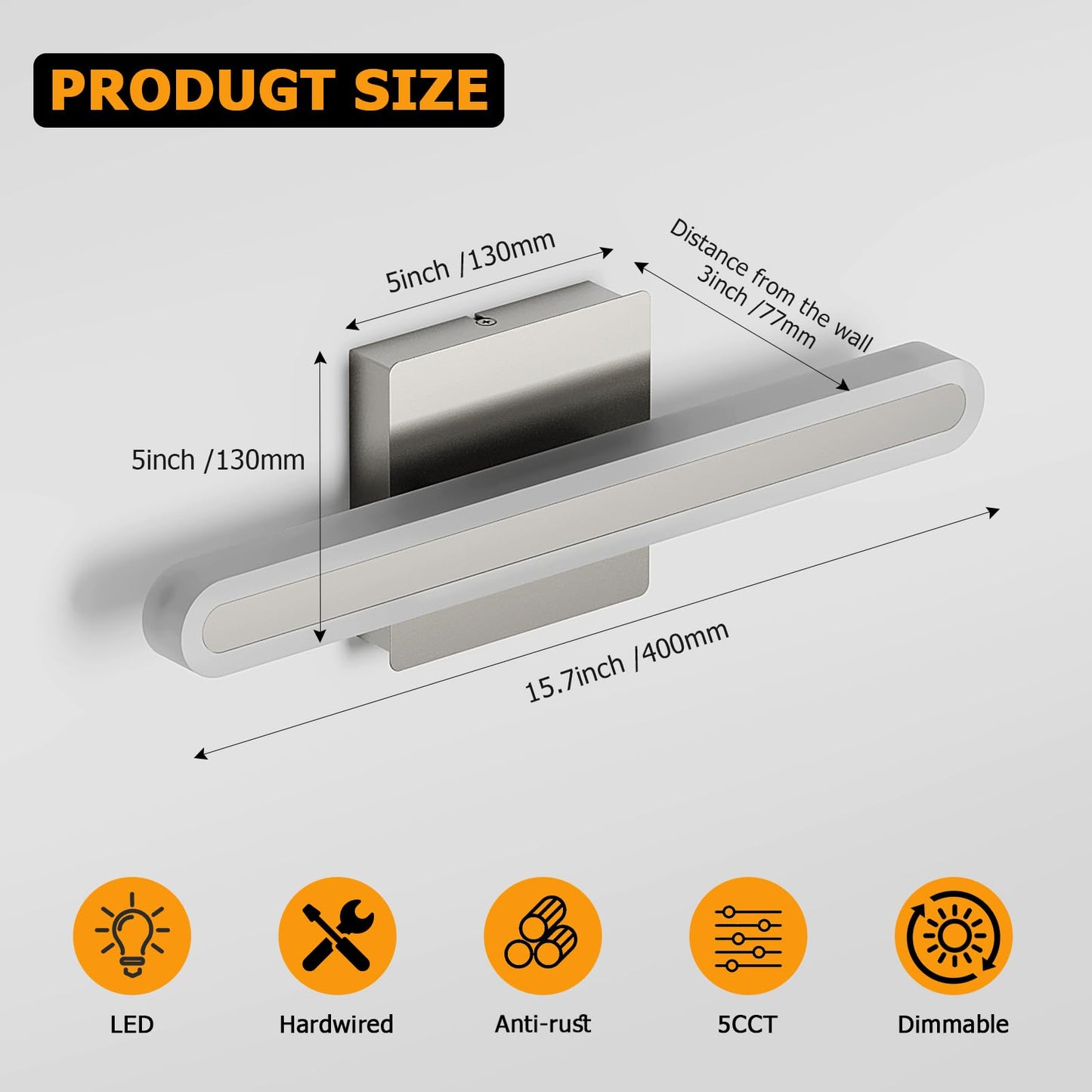 Joosenhouse 15.7 Inch Brushed Nickel Vanity Light For Bathroom - 5Cct Dimmable Led Light Bar  16W Hardwired Mirror Light  Adjustable Brightness  Modern Bathroom Lighting