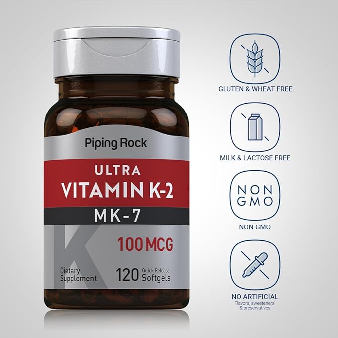 Piping Rock Vitamin K2 MK-7 | 100 mcg | 120 Softgels | Non-GMO, Gluten Free Supplement