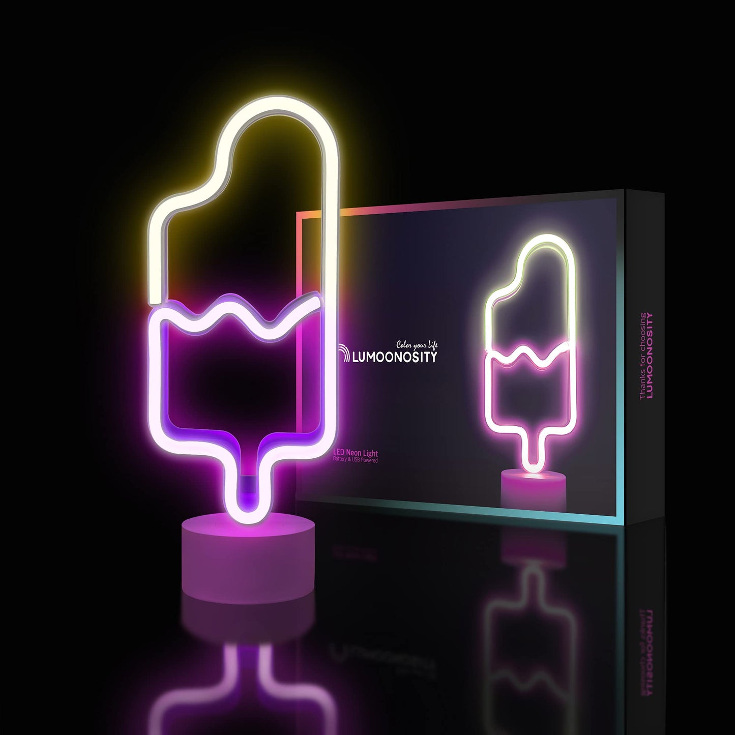 Lumoonosity Popsicle Neon Light - USB/Battery Powered Ice Cream Night Light - Pink & Warm White - Model NS-Popsicle