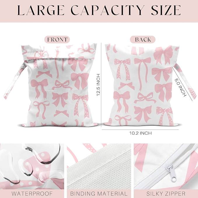 4 Pack Wet Bag for Swimsuit, Beach Travel Essentials Wet Dry Bag, for Sunscreen Toiletry Dirty Clothes Yoga Gym Diaper, Friend Summer Beach Vacation Gifts. Pink Bow Series