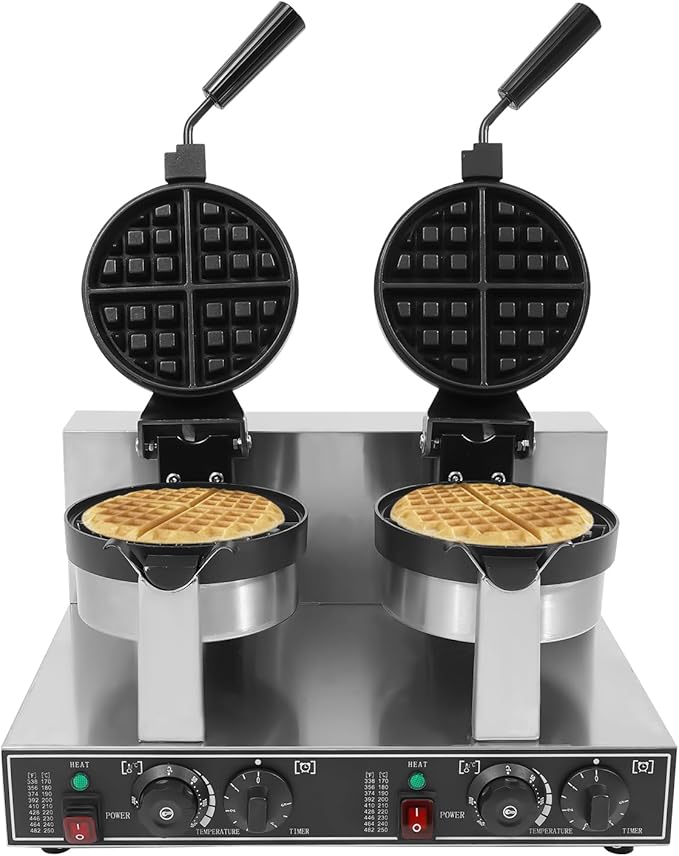 Waffle Maker Double Heads Waffle Iron Machine 2400W 110V Wafer Making Machine Stainless Steel Chaffle Maker with 180° Rotatable Handle Temperature and Time Control