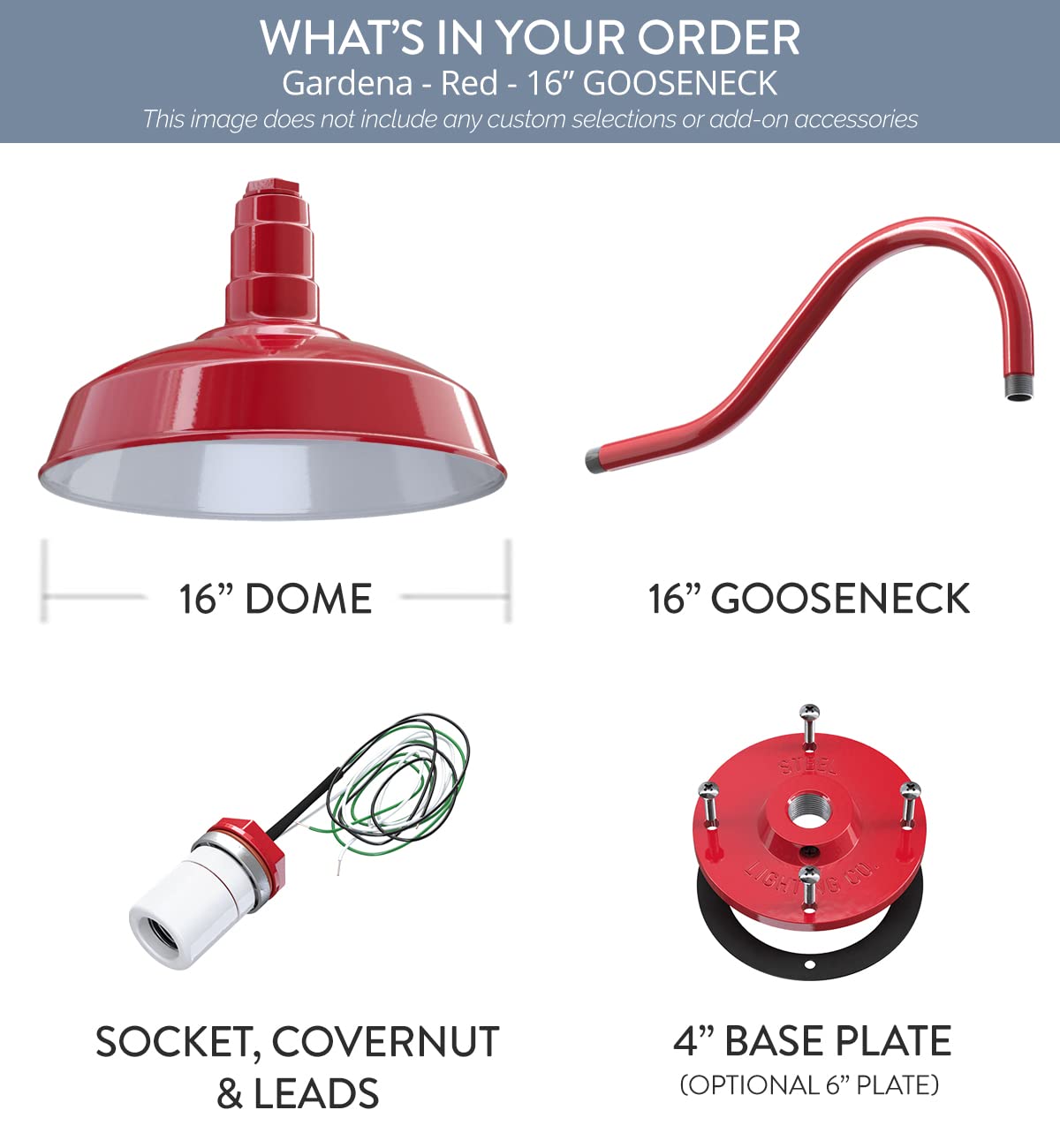 Steel Lighting Co. Gardena Barn Light - Outdoor Wall Mount - 16 Gooseneck - Red Steel Dome Light - Farmhouse Style - Made In America