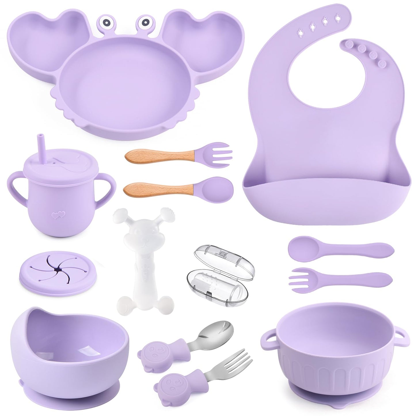 Silicone Baby Feeding Set 15 Pcs，Baby Spoons Suction Bowl Divided Plate Bib Cup Finger Brush Training cups,Baby Led Weaning Supplies,Baby Plates，Toddler Feeding Plates and Bowls Set（purple）