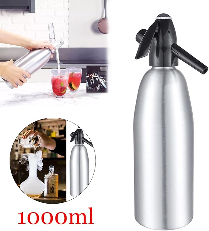 1L Portable Soda Siphon – Aluminum Home Soda Maker, Silver Vintage Seltzer Bottle for DIY Carbonated Drinks, Sparkling Water Maker for Healthy Cocktails, Use 8 gram CO2 Cartridges (Not Included)