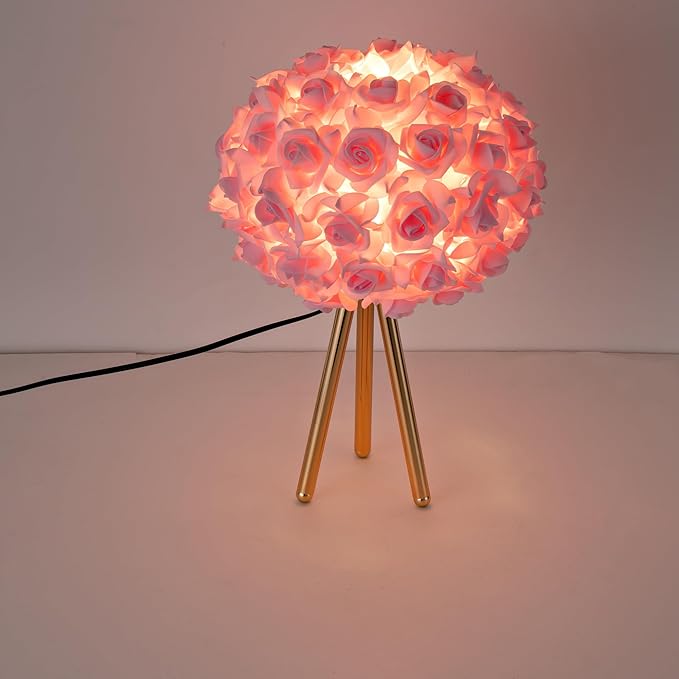 Pink Rose Flower Lamp Cute Table Lamp Flower Desk Lamp Floral Bedside Nighstand Light Atmosphere Girls Princess Lamp with Gold Tripod for Bedroom Wedding Christmas Gift Hotel Living Room