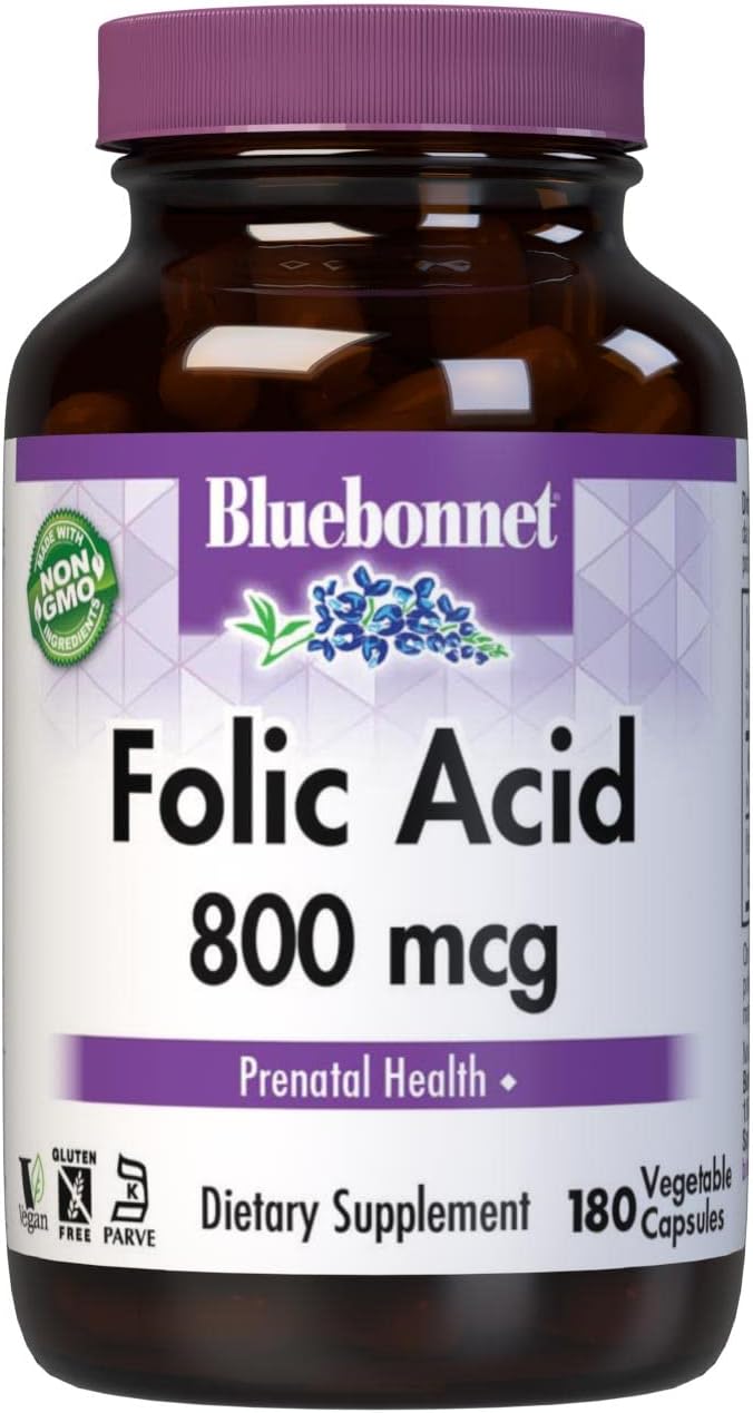 BlueBonnet Nutrition Folic Acid 800mcg, Healthy Neurological Development, Soy, Dairy & Gluten Free, Non-GMO, Kosher Certified, Vegan, Vegetable Capsules, 180 Count
