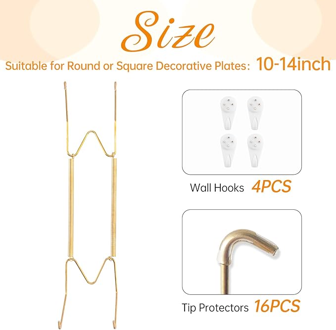 4 Pack Plate Hangers for The Wall, Suitable for 10-14 inch Art Plate, Stainless Steel Invisible Heavy Duty Wire Plate Holder with Wall Hooks, Plate Hangers for Displaying Plates, Platter, Dish, Gold
