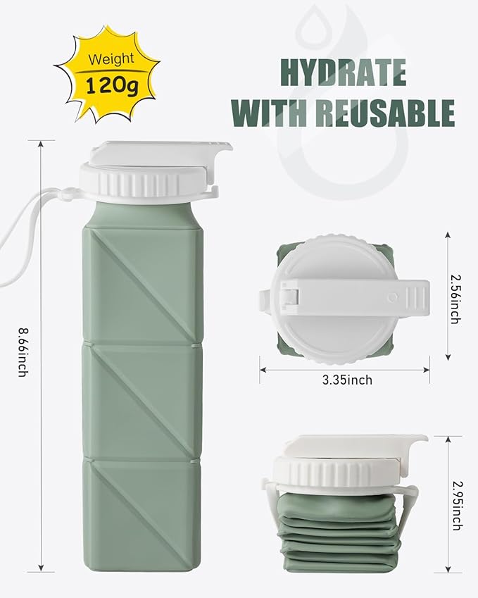 Opard Collapsible Water Bottles 21 Oz - BPA Free, Leak Proof, Foldable Silicone Collapse Water Bottle with Straw, Easy to Compact and Expandable, Travel Essentials Accessories