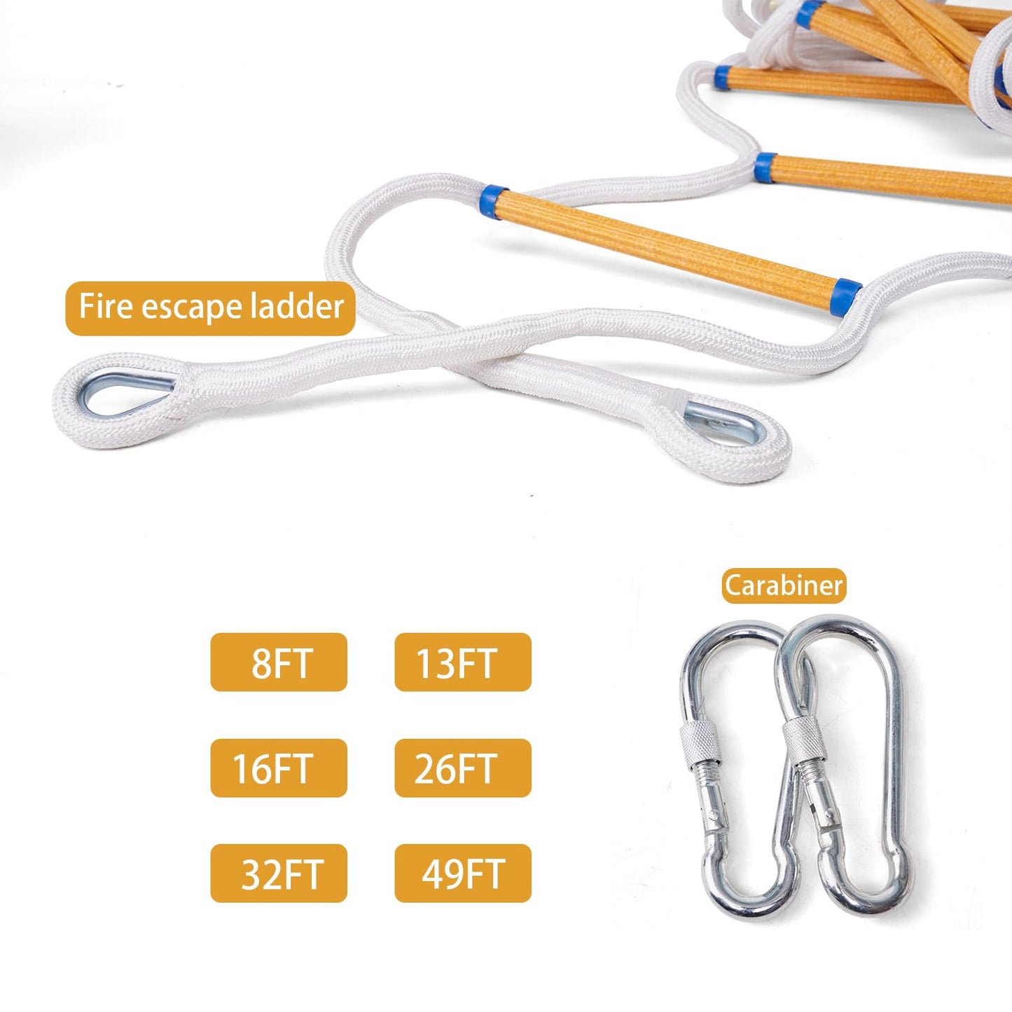 Emergency Fire Escape Rope Ladder 2 Story 8 FT Flame Resistant Safety Quick Ladder for Adults/Kids with 2 Spring Hooks, Stainless Steel Inner Ring, 23mm Thicker Octagonal Anti-Slip Rung (8ft/2.5m)
