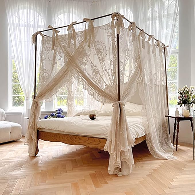 Elegant Lace Princess 4 Corner Post Mosquito Net Romantic for Girls Women Bed Curtain Canopy for Adult Wedding Bedroom Kids Rooms Decoration (Color-C, Queen)