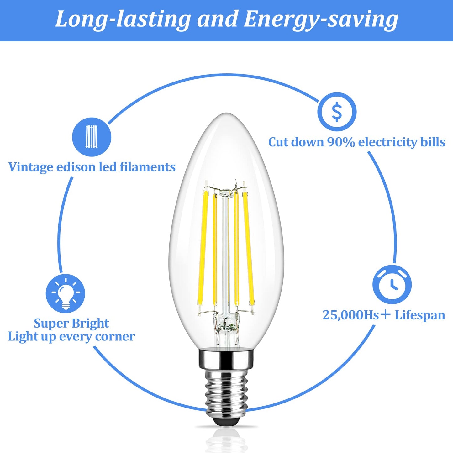 Brightever E12 Candelabra Led Light Bulbs, 6W Clear Filament, 5000K Daylight White, Pack Of 5, Non-Dimmable Chandelier Bul