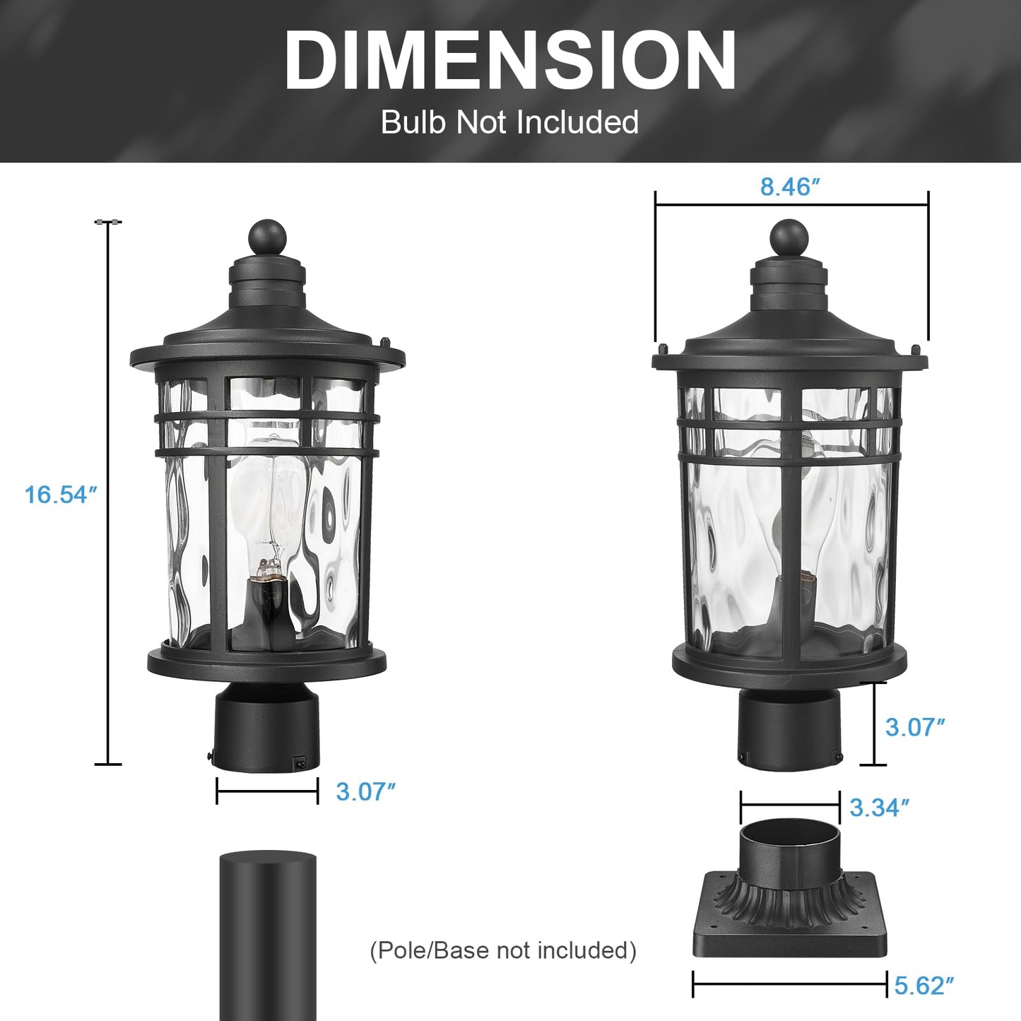 Darkaway 2 Pack Large Outdoor Post Lights Lamp Posts Outdoor Lighting  17Inch Aluminum Post Lights Outdoor Light Fixtures With Water Ripple Glass For Patio Yard Garden