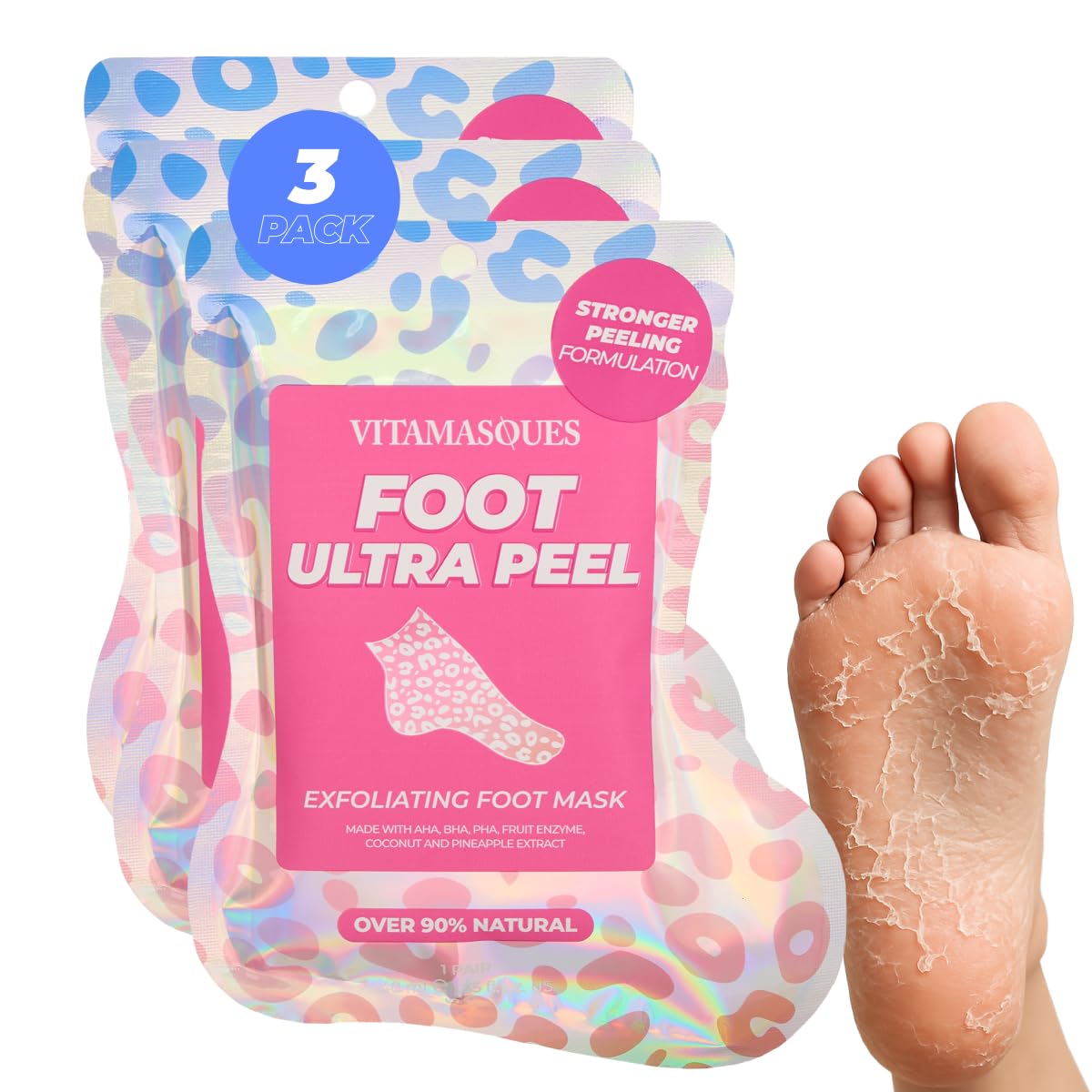 Vitamasques Foot Peeling Mask, 3 Pairs - Korean Exfoliating Foot Mask for Dry Cracked Feet & Callus Removal, Feet Peeling Masks