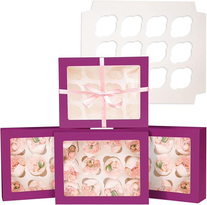 Bakepacker 12 Cupcake Containers 10-Packs Deep Purple Cupcake Box Cupcakes Carrier, 12 Cupcake Boxes with Window 13"x10"x3.5"（Auto-pop up）