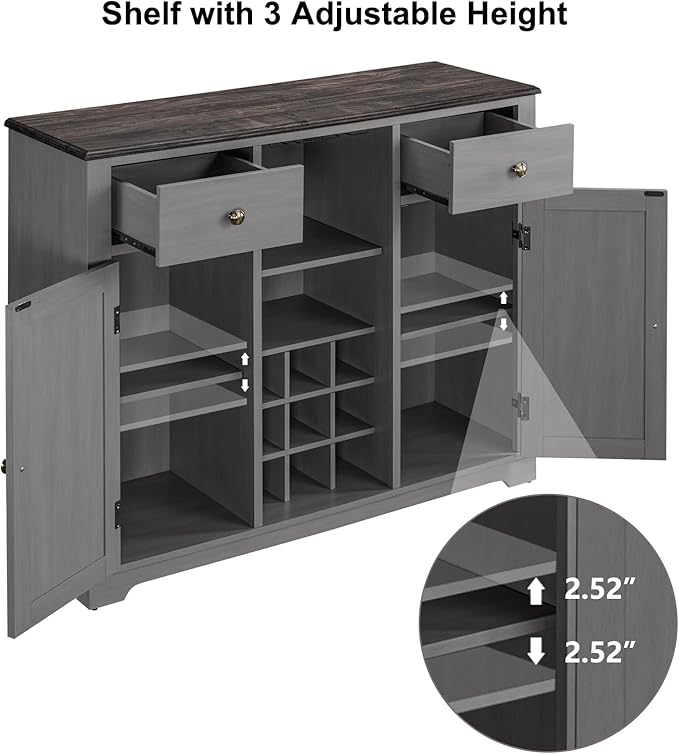 Rustic Wine Cabinet with Wine Rack and Lattice, Sideboard Buffet Cabinet with Drawers, Multifunctional Storage Cabinet for Kitchen, Dining Room, 47 Inch (Gray)