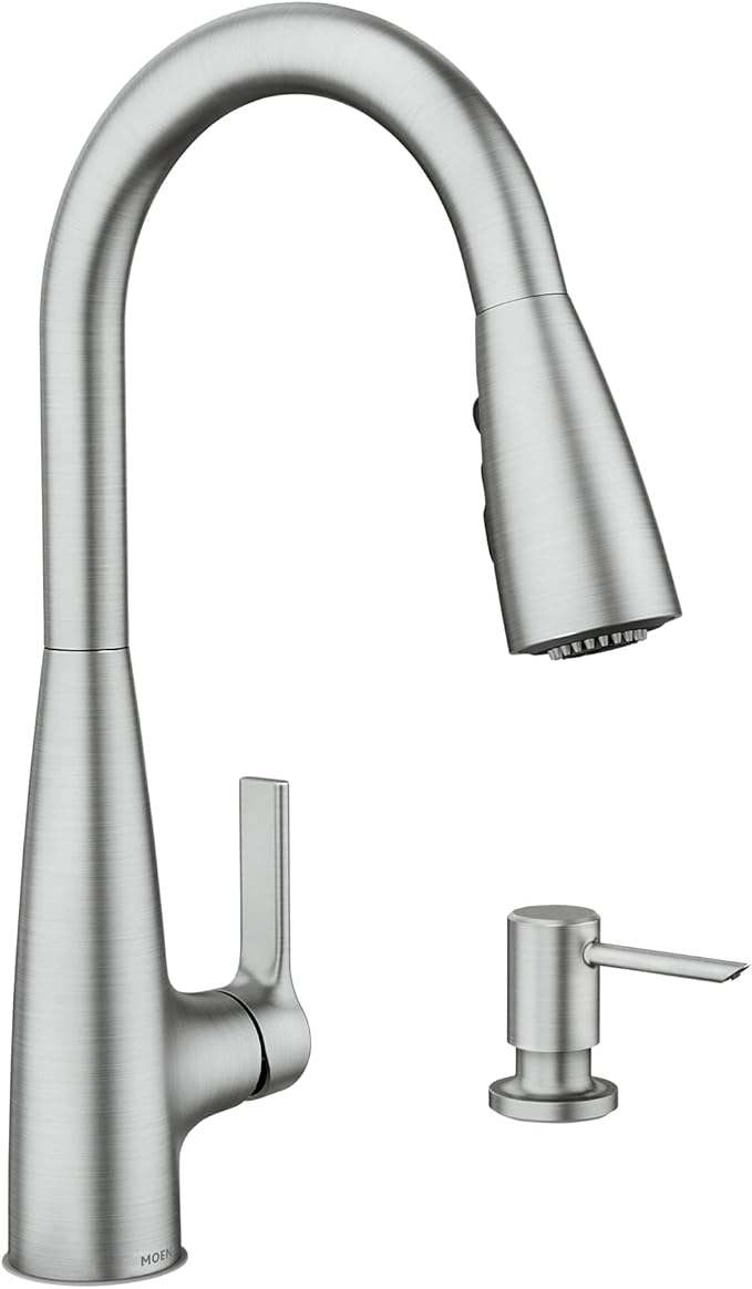 Moen Haelyn Spot Resist Stainless Single-Handle Pull-Down Sprayer Kitchen Faucet Featuring Power Boost for a Faster Clean, Soap Dispenser Included, 87627SRS