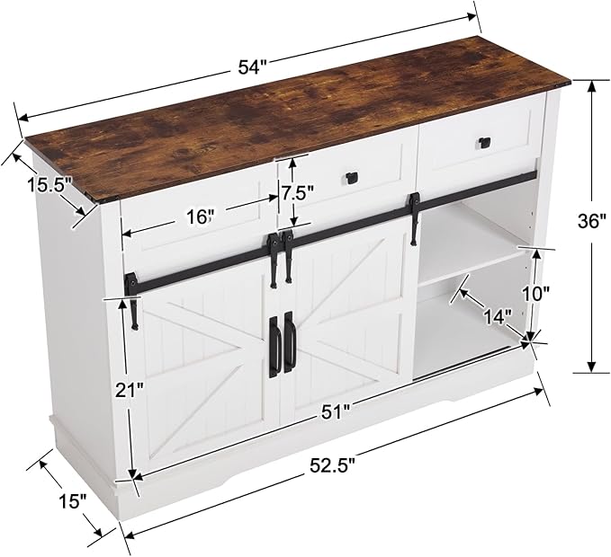Kmax Farmhouse Wine Bar Cabinet w, 54” Buffet Cabinet with Storage, Rustic White Coffee Bar Cabinet with Sliding Barn Doors, Wine/Glass Rack & 3 Drawers for Living, Dining Room, Brown Top