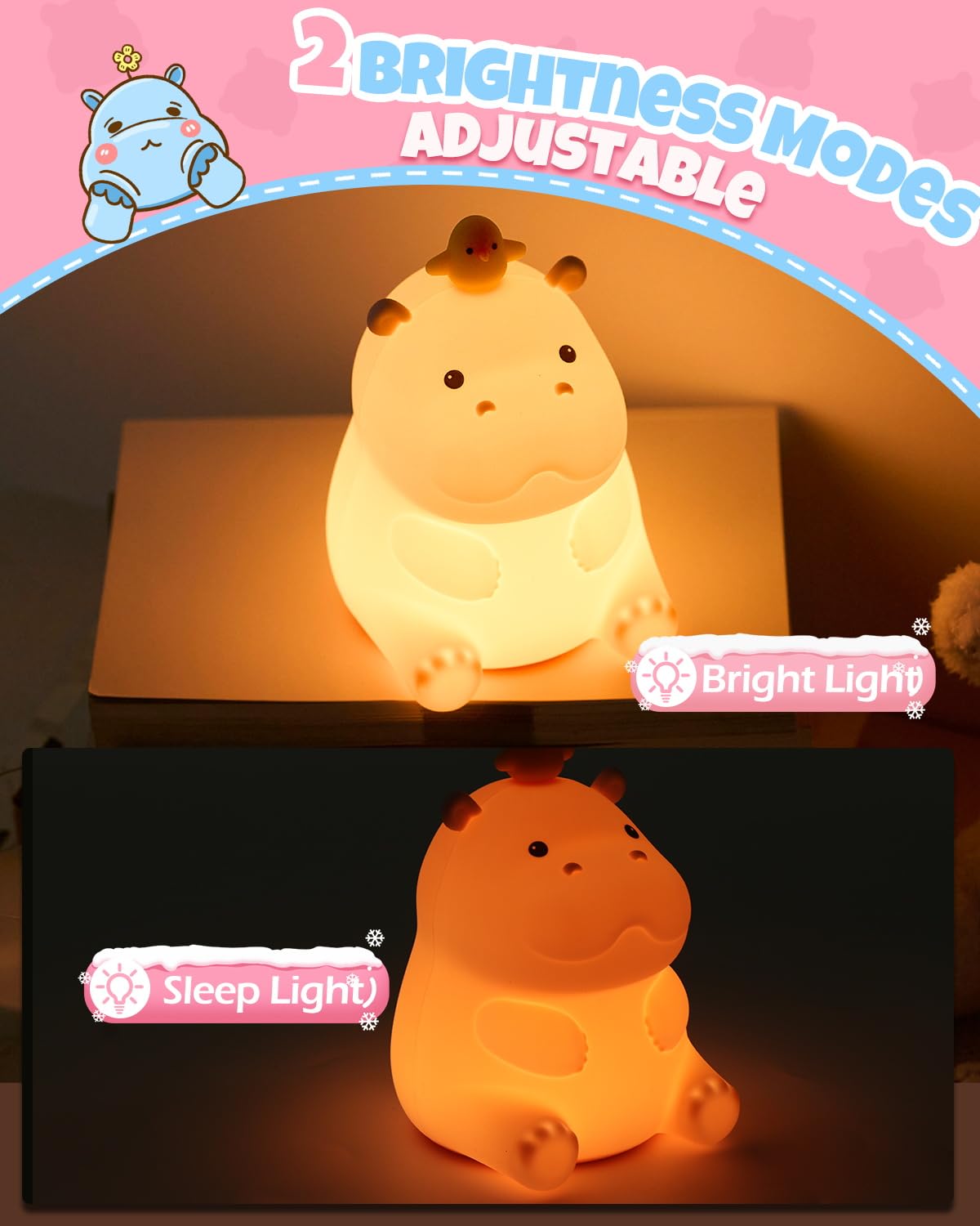 Cute Hippo Night Light  Animal Lamp  Food Grade Silicone  Rechargeable  2 Level Dimmable  Squishy Nursery Nightlight For Desk Decor  Funny Gifts Stuff For Boys Girls Baby  White Elephant Gifts