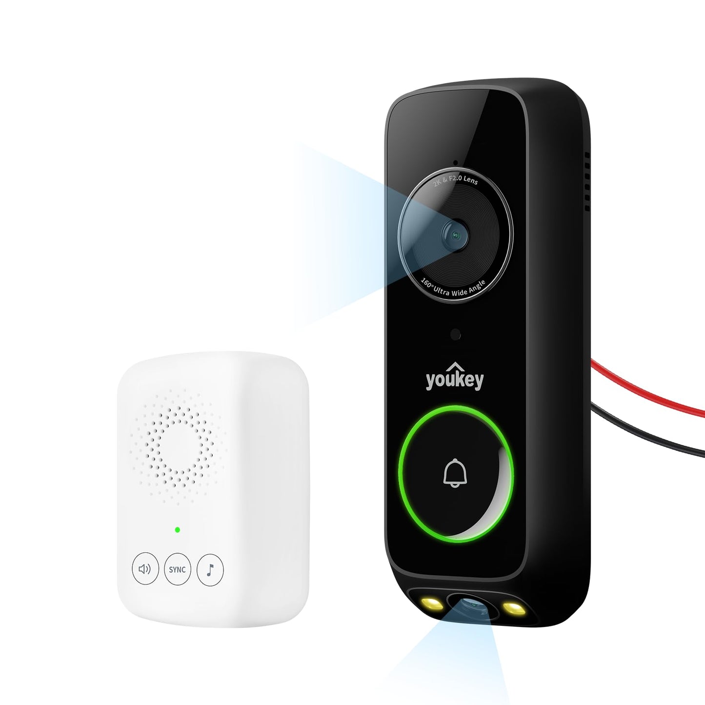 youkey DB322 Doorbell Camera Wired with Chime, No Monthly Fee, 2K Video Doorbell with Head-to-Toe Live-View, Package Detection,