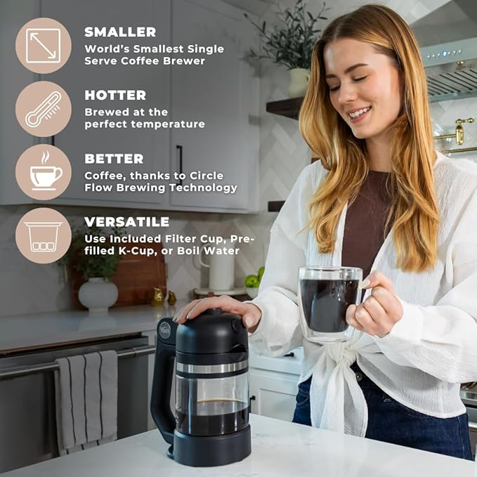 VINCI Micro Café Smallest Single-Serve Coffee Brewer | Compatible with Keurig K-Cups, K-Pods | Glass Carafe | Enclosed Brewing for Hotter Coffee | Large Capacity Reusable Filter Cup Included
