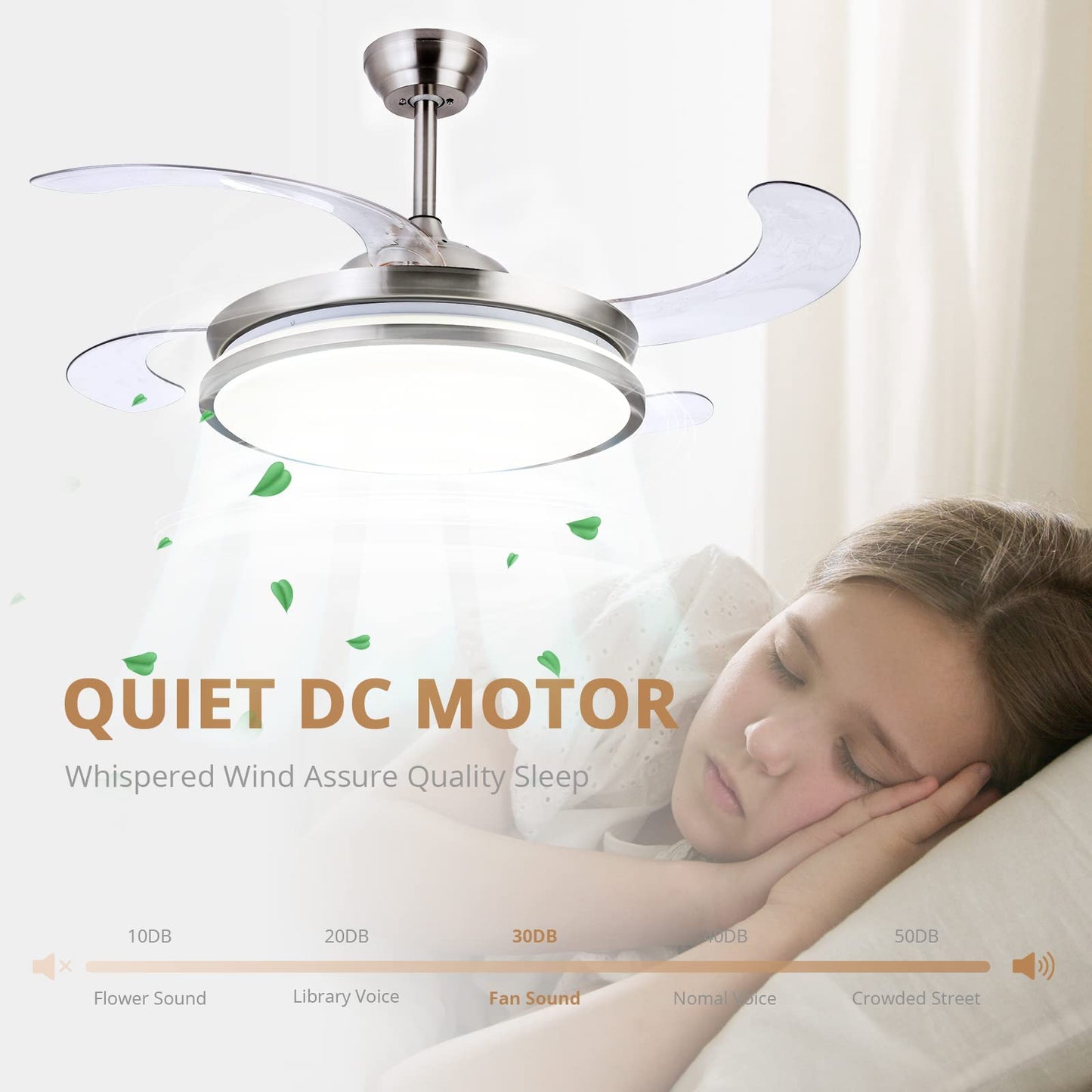 Sterren Retractable Ceiling Fans With Lights,42 Inch Modern Low Profile Bladeless Led Ceiling Fan Lights With Remote Control Sma
