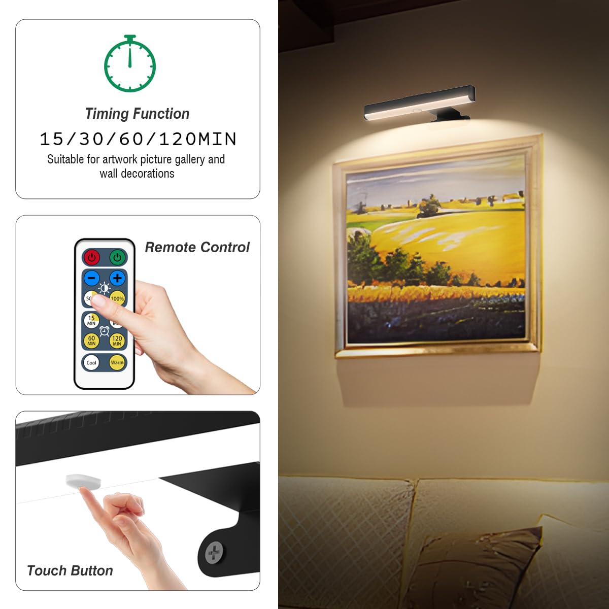 6Pack Wireless Picture Light For Wall Battery Operated Wall Sconces With Remote 3 Lighting Led discomfort-reducingting Light Timer&Dimmable Art Display Lights For Picture Gallery Posters Living Room Home Decor