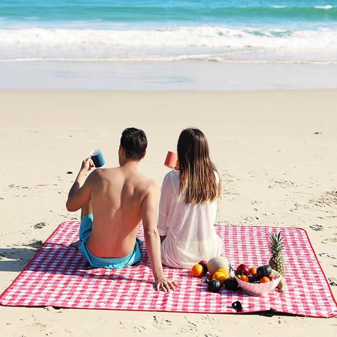 Outdoor Picnic Blanket, Foldable Waterproof Sand Beach Mat in Large 80x60in for Beach Camping Hiking Travel Family Concerts Portable Beach Blankets (Red)