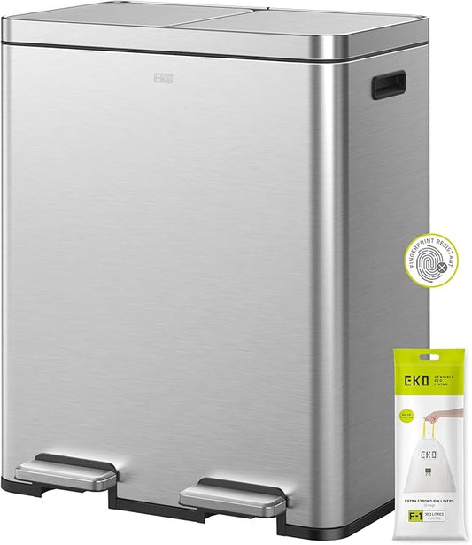 EKO Edison Dual Trash Can for Recycling and Trash, 8+8 Gallons Kitchen Garbage Can with Dual Removable Inner Liners, Independent Lids and Pedals, Matte Stainless Steel