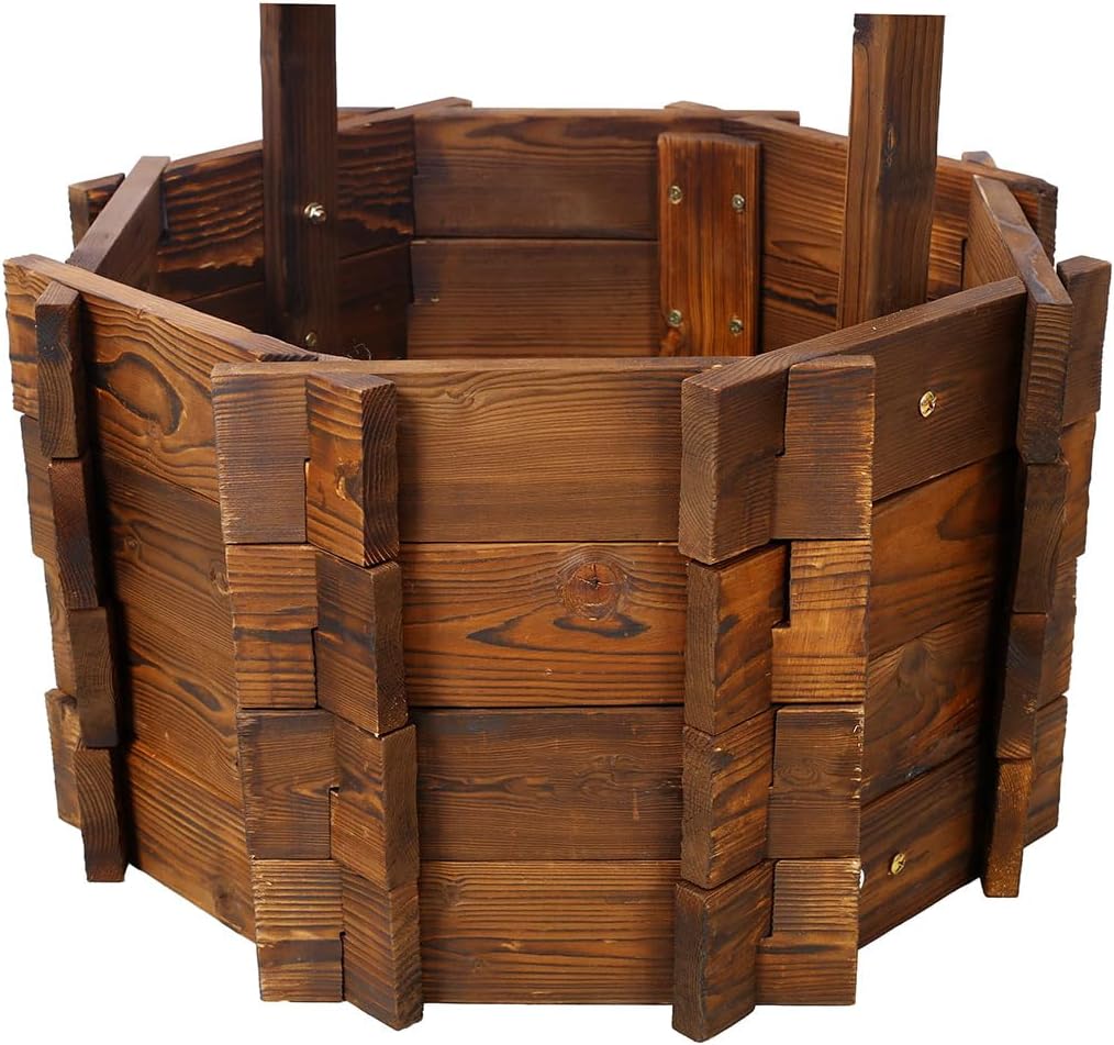 Wooden Wishing Well Outside, Large Wishing Well Planter with Hanging Bucket, Rustic Flower Planter Patio Garden Lawn Home Decor, 45.4'' x 20'' x 20''
