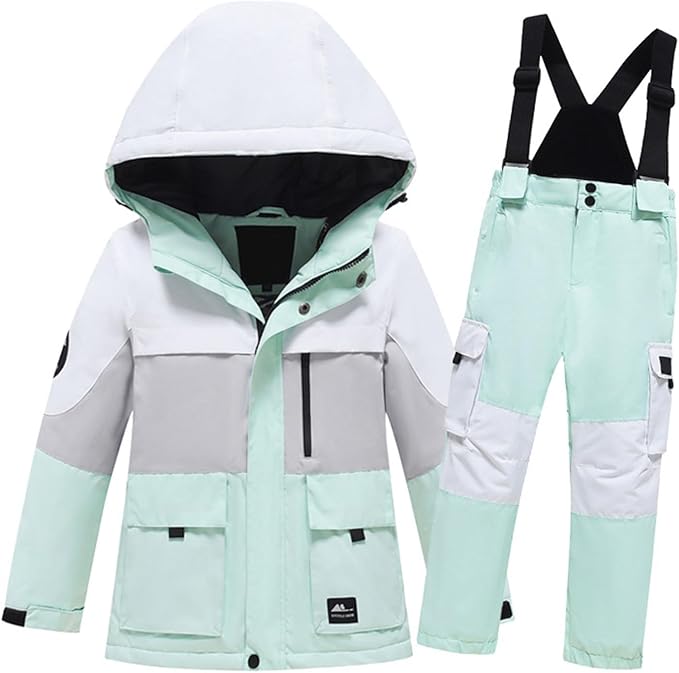 2 Piece Snowsuit for Teen Girls Boys Snowboard Set Snow 𝗕𝗶𝗯 Pants & Hooded Jacket Color Block Outfits Kids Winter Clothing