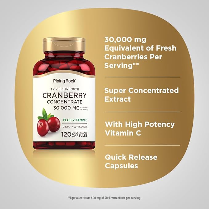 Piping Rock Cranberry Pills | 30,000 mg | 120 Capsules | Supplement for Women & Men | Triple Strength Concentrate Extract Plus Vitamin C | Non-GMO, Gluten Free