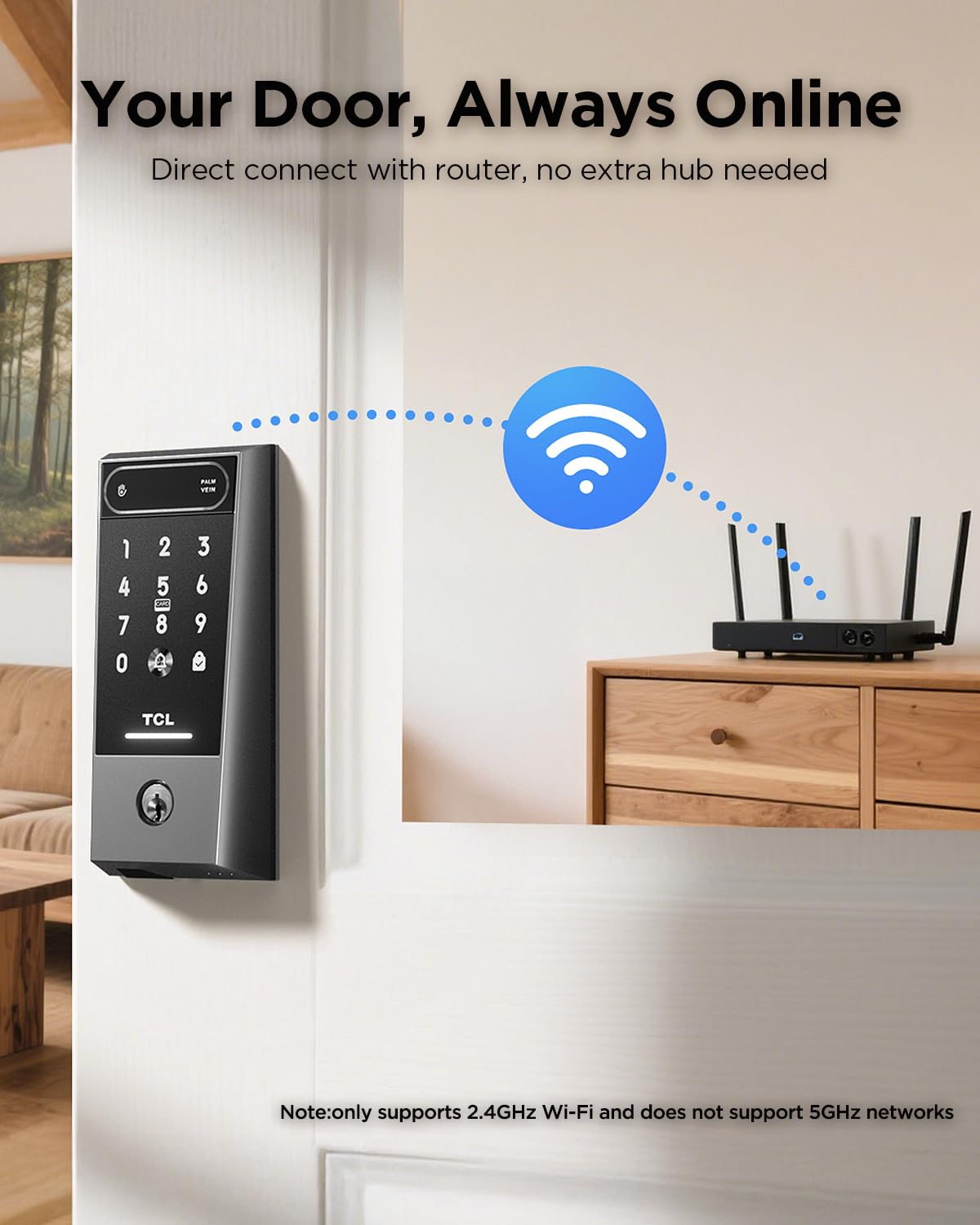 TCL D2 Pro Smart Lock with Palm Vein Recognition, Wi-Fi Keyless Entry Deadbolt Door Lock, Built-in Doorbell, IP55 Waterproof, 10000mAh Rechargeable Battery, Auto Lock for Front Door (Dark Grey)