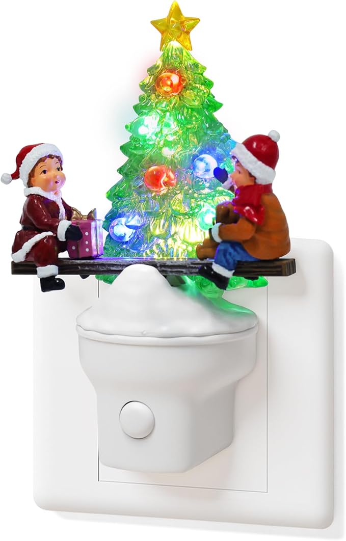 Christmas Tree Night Light Plug into Wall USB Portable Christmas Decorative Night Light Decoration for Kids Adults Bedroom Kitchen Living Room Holiday Decor (Children Seesaw)