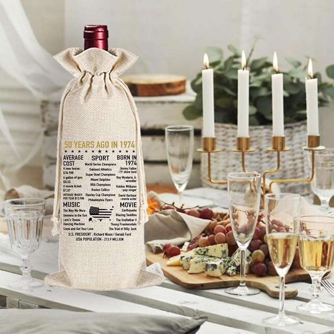 Qubereeree 50th Birthday Gifts for Women Men Funny 50 Year Ago in 1974 Birthday Party Decorations Wine Bags for Mom Dad Grandma Coworker, 50 Year Old Birthday Gifts Vintage 1974 Wine Bag-2