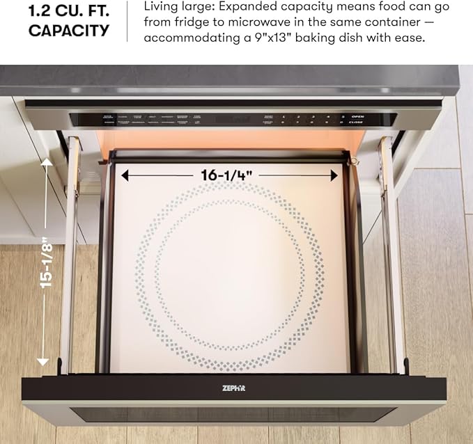 Zephyr 24 inch Built In Drawer Microwave Oven Under Cabinet - Integrated, Wall Mount, Under Counter Pull Out Microwave Drawer 1.2 cu ft, Preset Cooking Options, Easy Clean Coating, 1000W