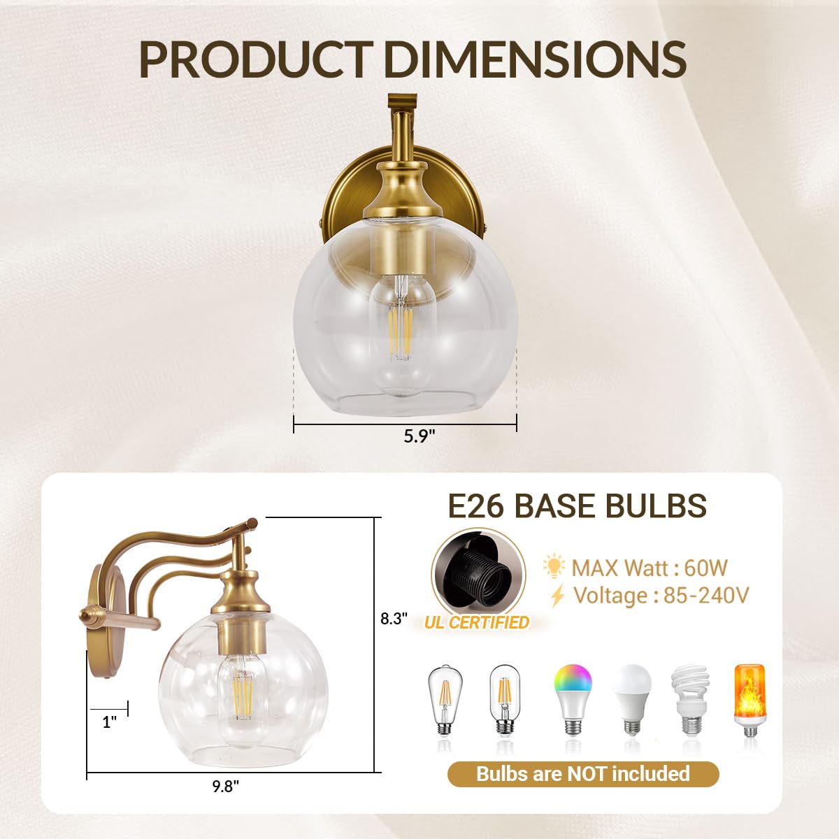 Andy Star Brushed Gold Bathroom Light Fixtures  Brass Vanity Lights For Mirror  1-Light Bathroom Wall Sconces Lighting With Globe Clear Shade Up Or Down Wall Mounted For Kitchen  Living Room  Hallway